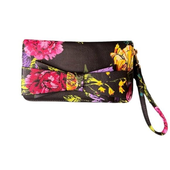 Betsey Johnson Handbags - Betsey Johnson Black Multicolor Floral Bow Wristlet
